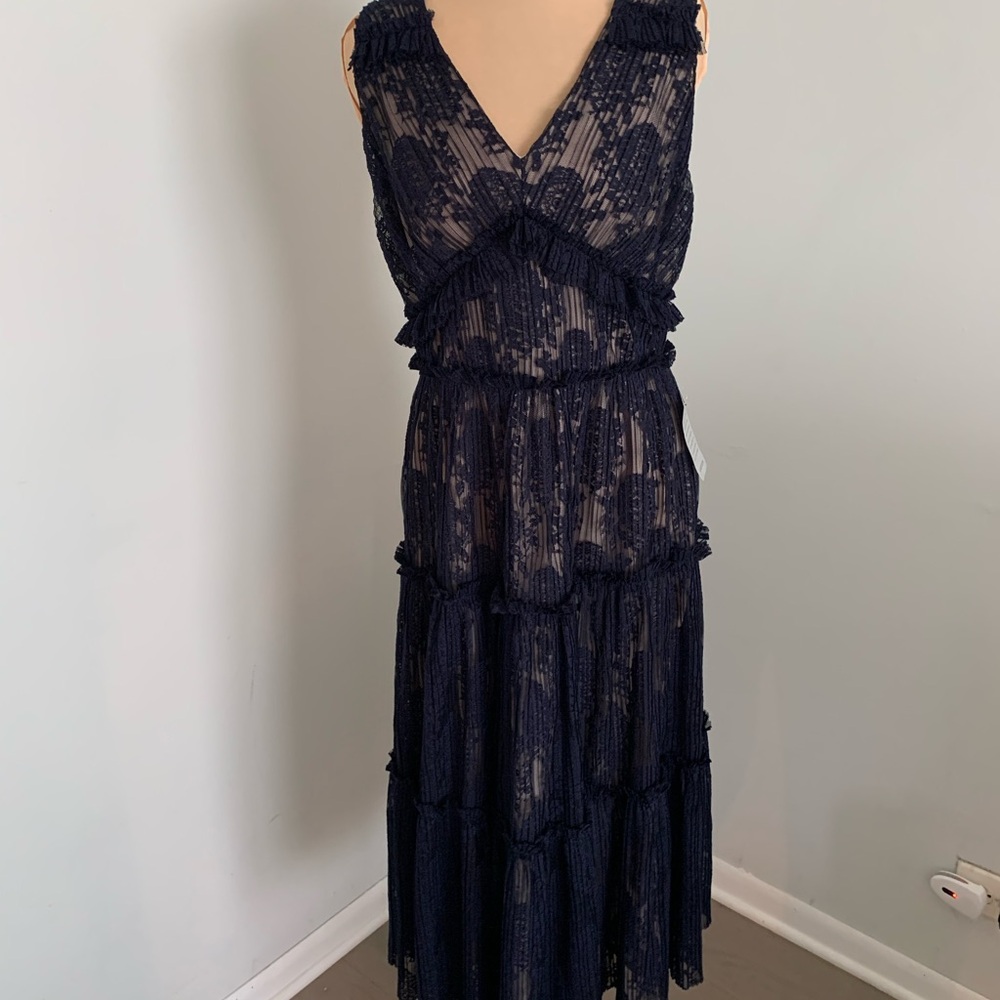 Maggy London Navy and Beige Pleated Midi Dress